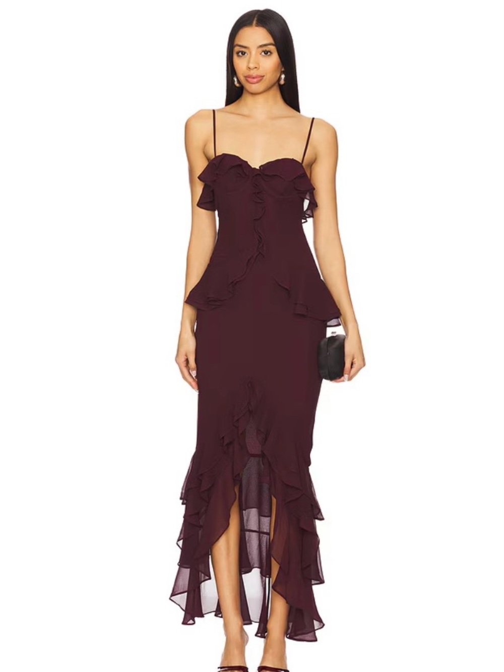 Sleeveless Ruffle High-Low Dress in Deep Plum